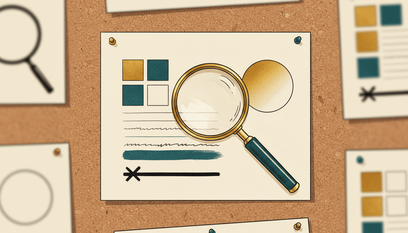 A style card listing traits — colour swatches, line-weight samples and a lighting note — with the signature line crossed out