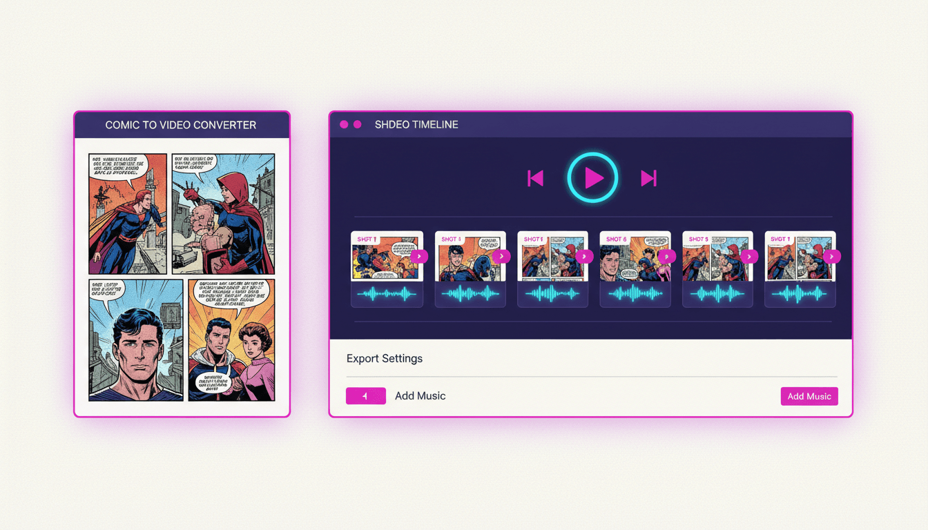 Comic to video converter interface with a comic page on the left and its panels laid out as numbered shot cards on a video timeline with voice waveforms