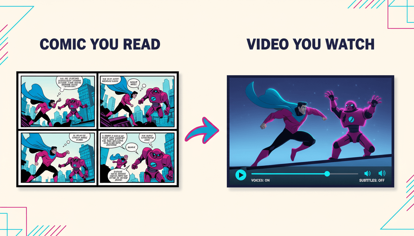 Split comparison showing a static six-panel comic page on the left and the same story playing as a video with a timeline and play button on the right