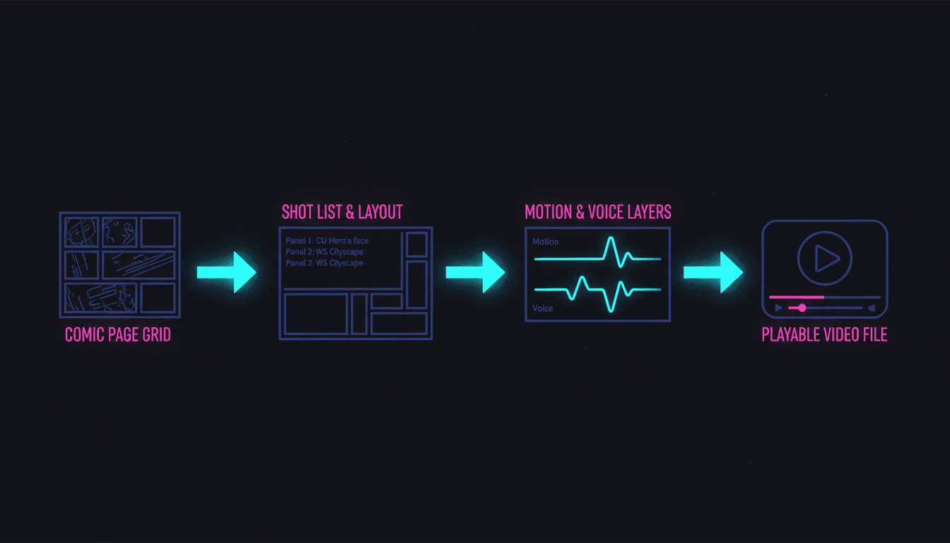 A pipeline diagram showing a comic page becoming a shot list, then gaining motion and voice tracks, then a finished playable video file