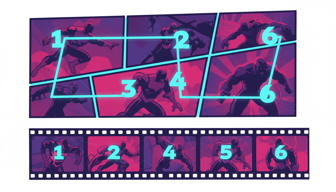 A comic page with a glowing numbered path tracing the reading order through the gutters, with the same numbers reappearing as sequential shots on a film strip
