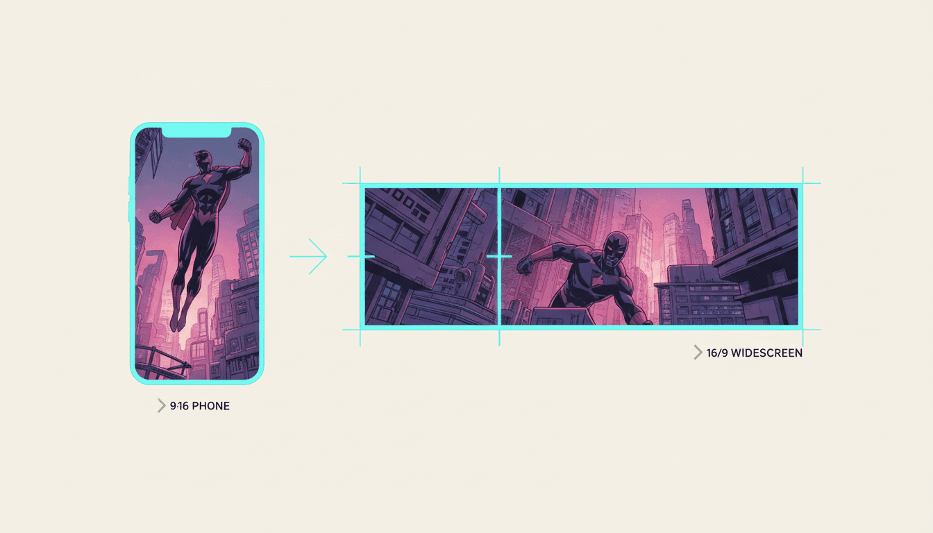 The same comic artwork fitted to a tall vertical phone frame and a wide widescreen frame side by side with crop guides