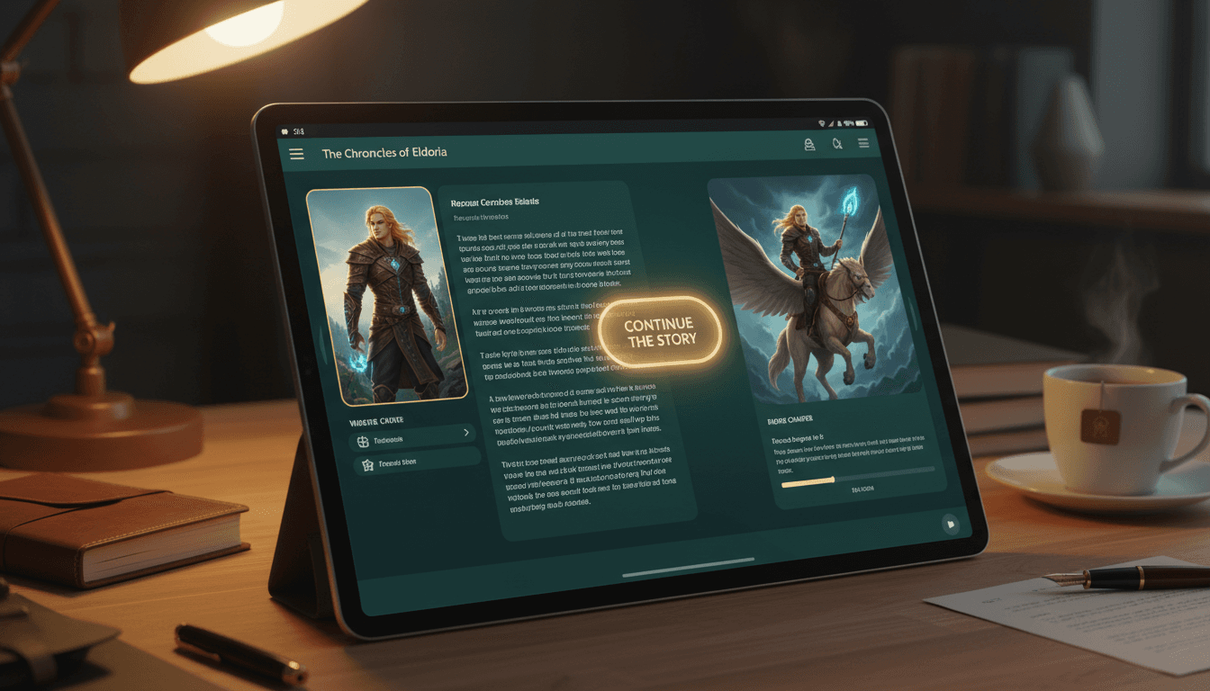 AI continue story generator showing an existing story on the left and a freshly generated next chapter with the same hero on the right