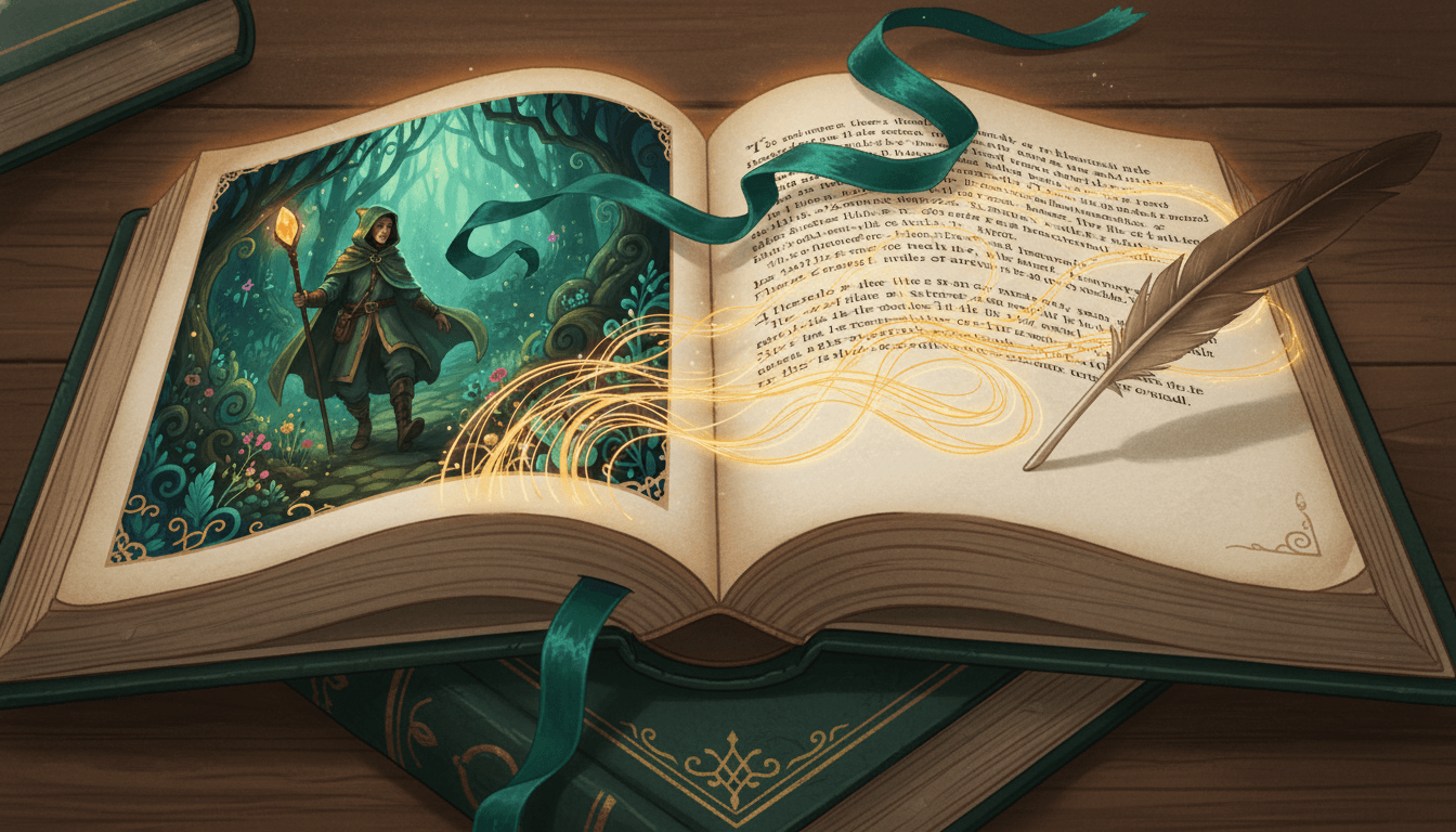 An open book with a bookmark ribbon flowing off the last written page into a freshly illustrated new scene