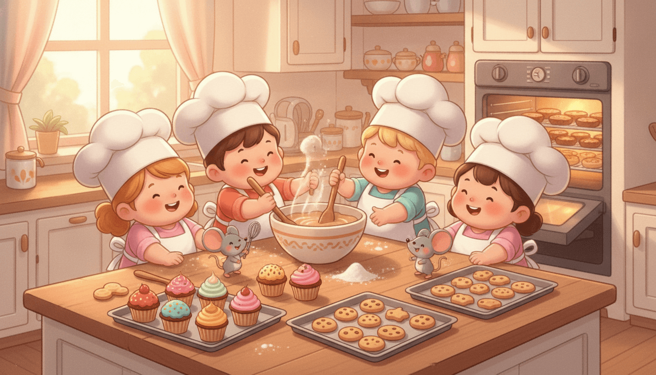 Happy little kids in big white chef hats baking cupcakes and cookies together in a cozy sunny kitchen in an AI-generated cooking story