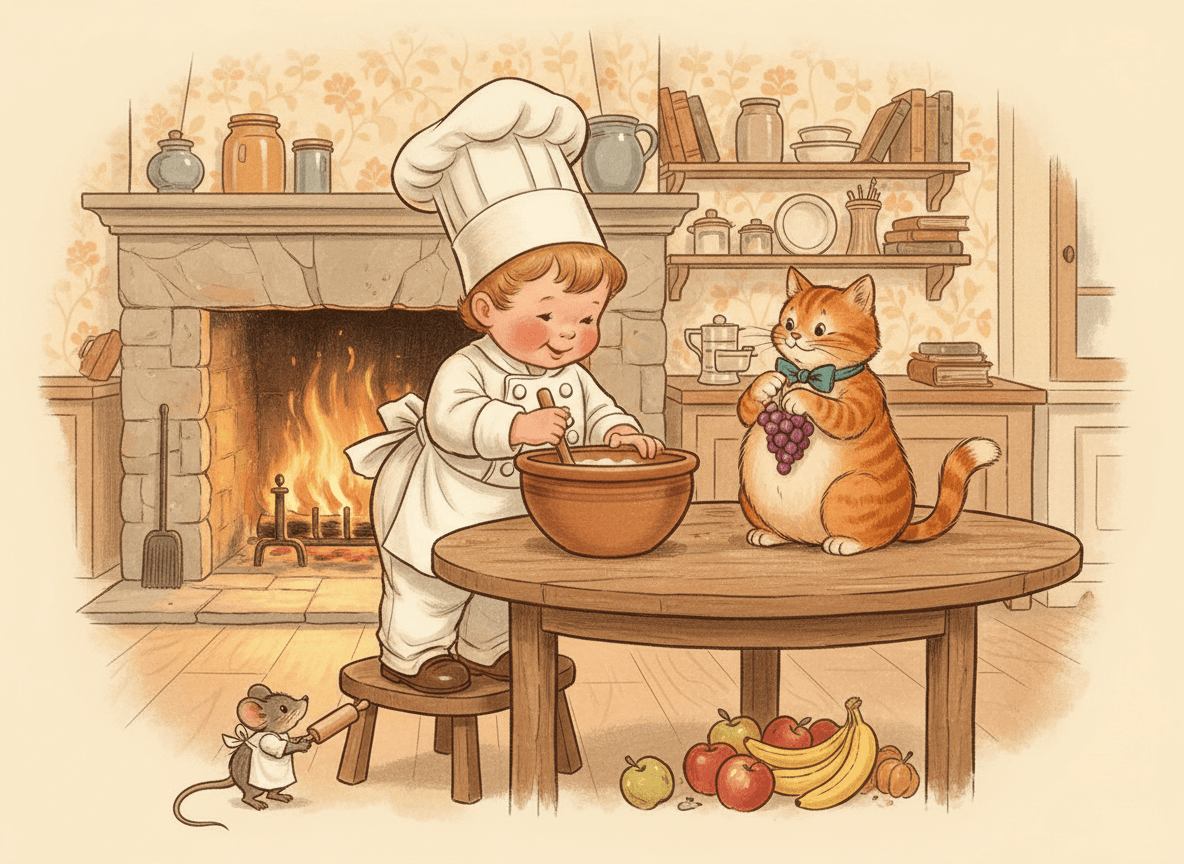 Classic storybook style illustration of a sweet little chef stirring a mixing bowl while a friendly cat and a tiny mouse helper gather around