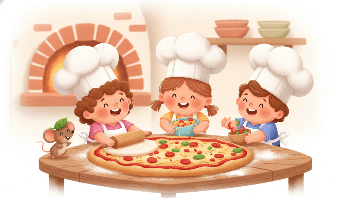 Happy little kids in chef hats rolling pizza dough and adding colorful toppings at a floury table with a glowing brick oven