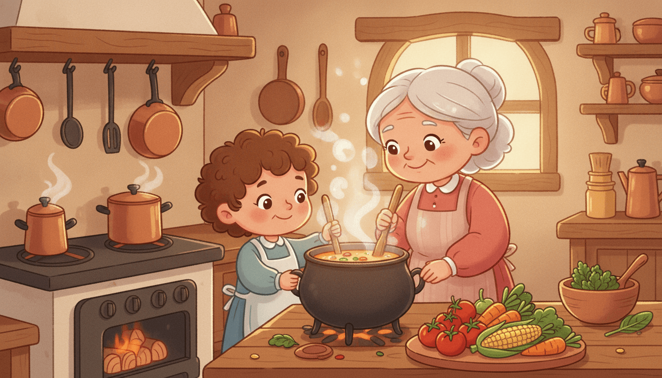 A sweet little child cooking with a kind grandma at the stove, stirring a big bubbling pot of vegetable soup in a cozy kitchen