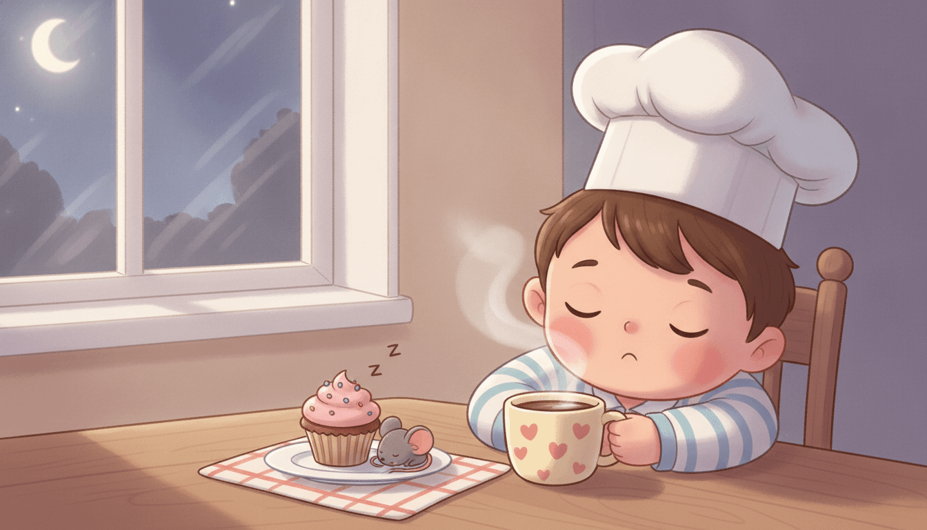 A sleepy little chef in pajamas at the kitchen table at night with cocoa and a frosted cupcake and a sleeping kitchen mouse