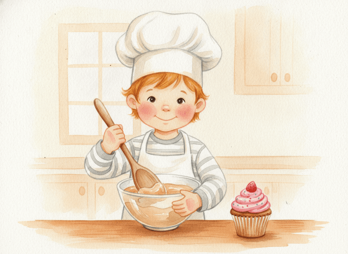Watercolor style cooking story illustration of a gentle little chef holding a wooden spoon and a bowl of batter with a frosted cupcake