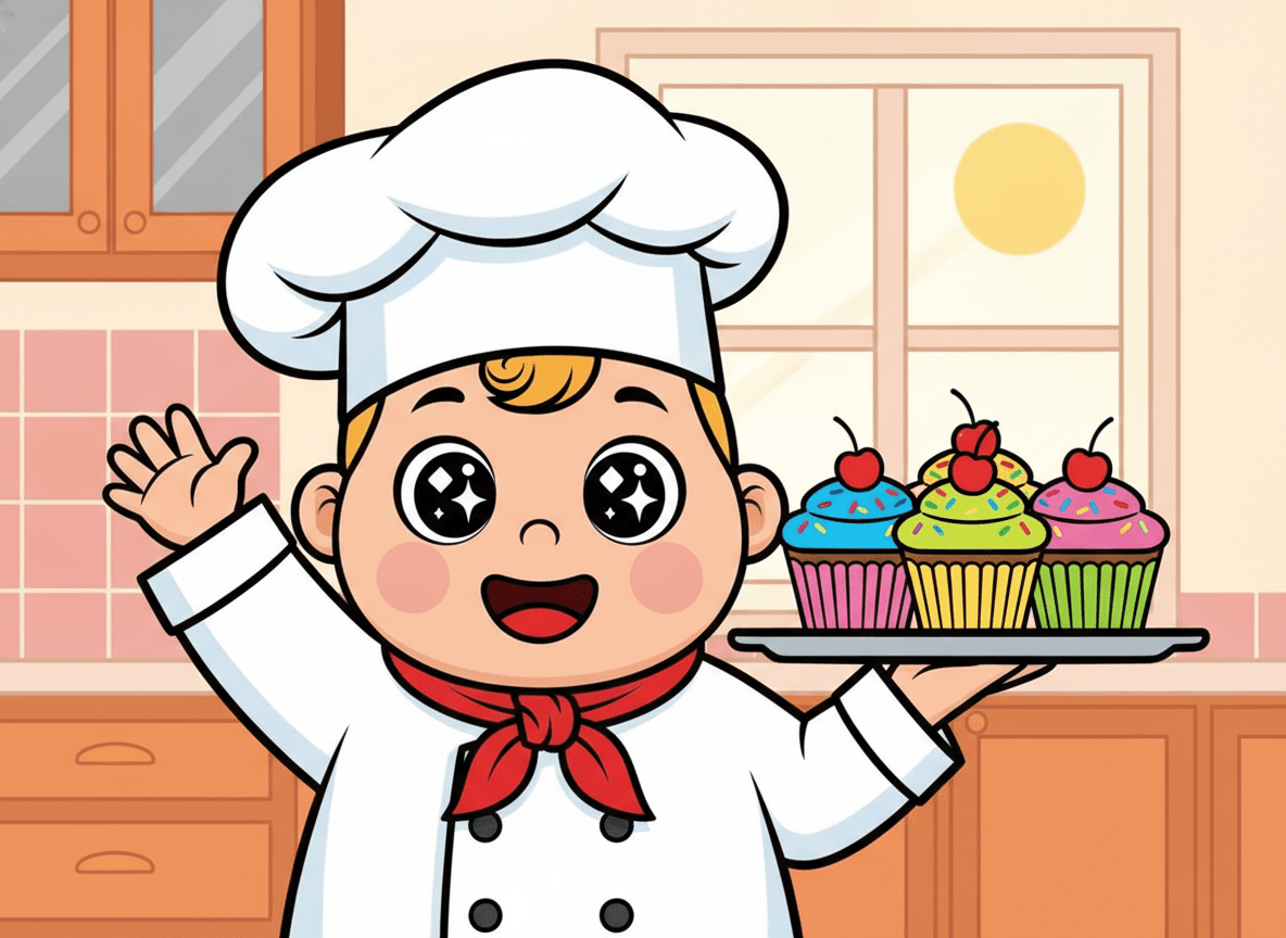 Cartoon style cooking story illustration of a happy little chef in a puffy white hat waving while holding a tray of colorful cupcakes