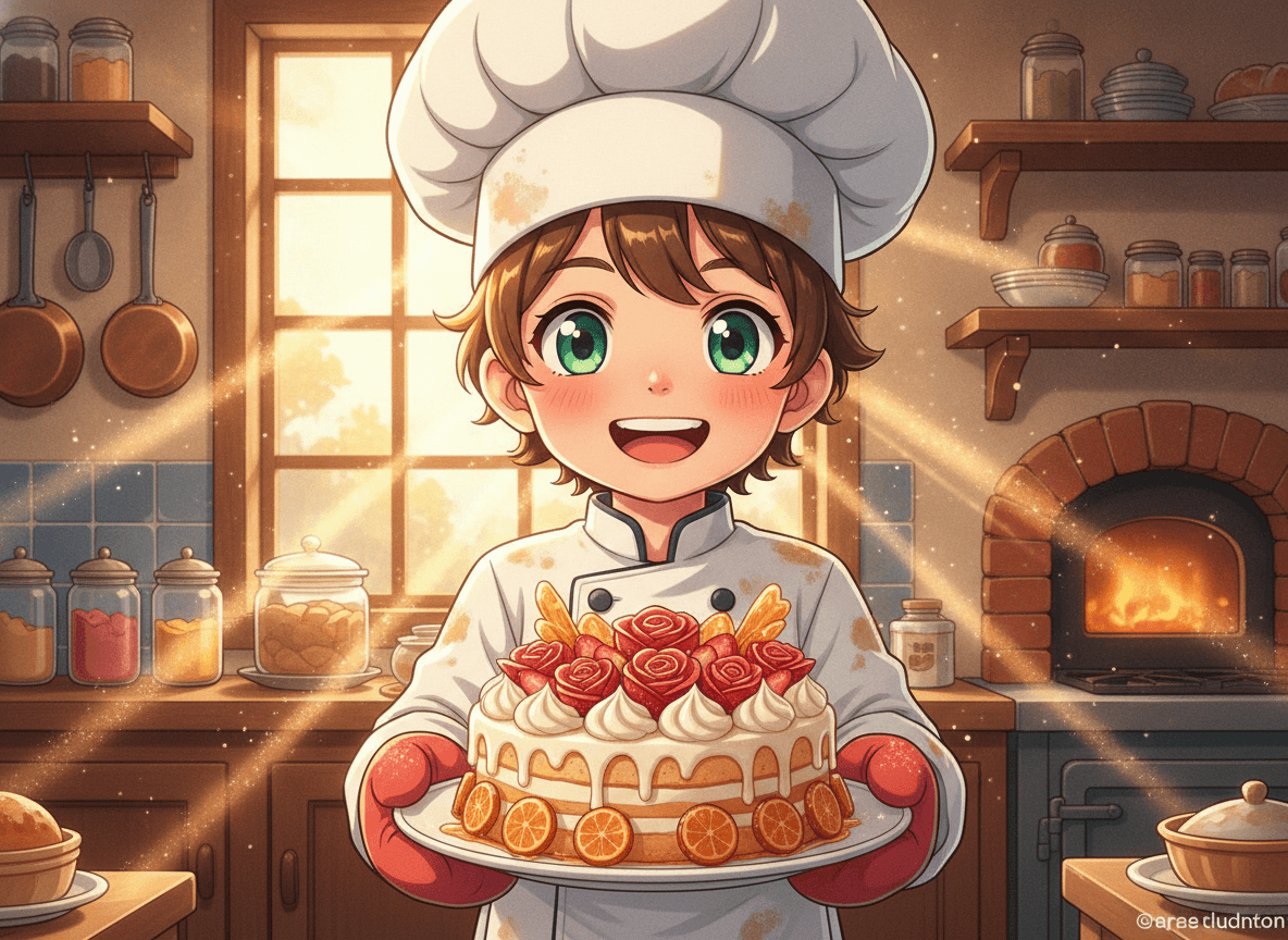 Anime style cooking story illustration of an enthusiastic child chef proudly holding up a freshly decorated cake in a warm kitchen