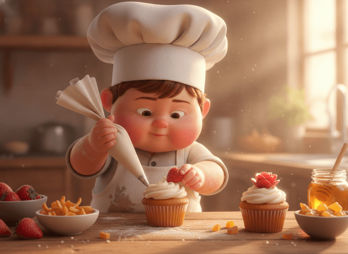 Cinematic 3D style cooking story illustration of an adorable little chef piping frosting onto a cupcake on a warm wooden counter
