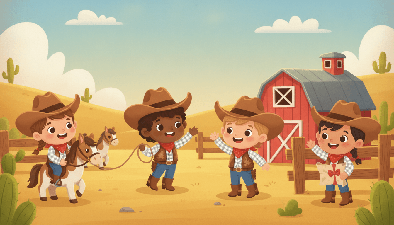 Happy diverse little kid cowboys and cowgirls on a sunny Wild West ranch — riding a pony, twirling a lasso, waving by a red barn and holding a treasure map — in an AI-generated cowboy story