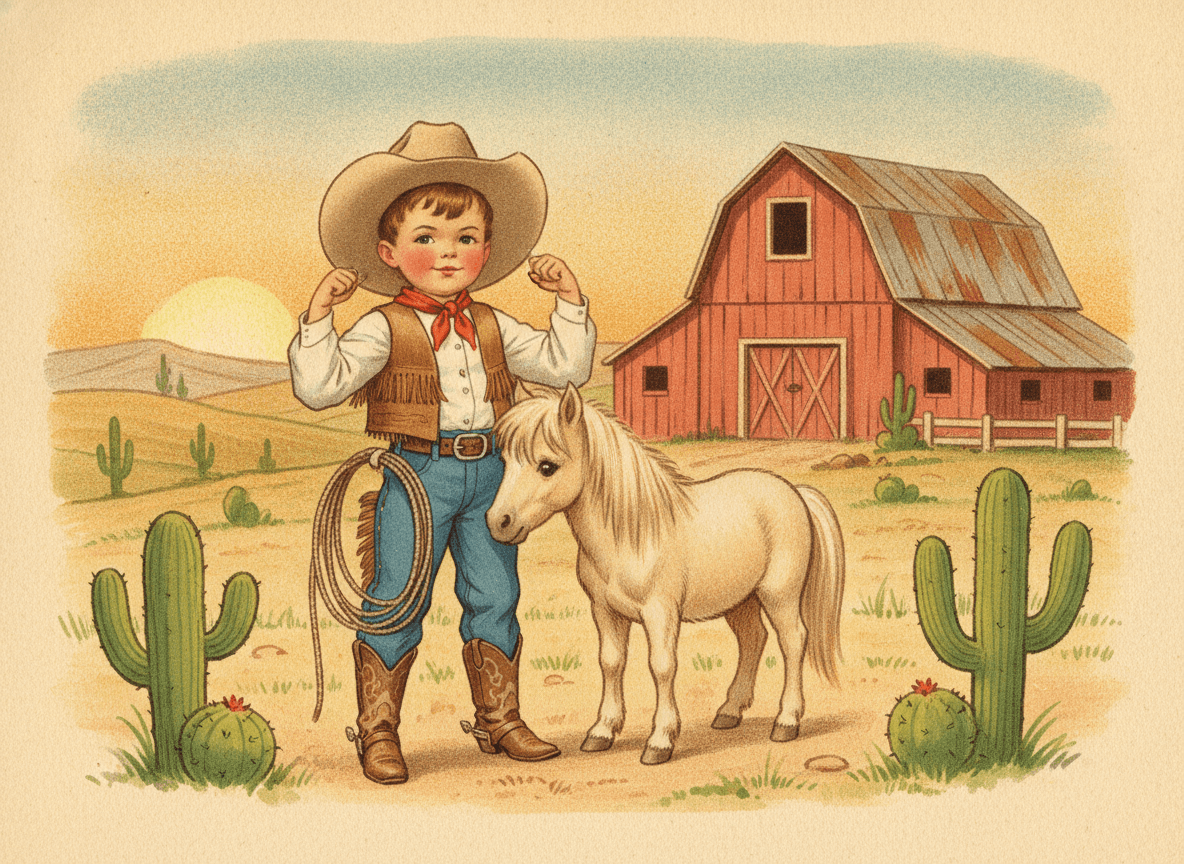 Classic storybook style illustration of a sweet little cowboy with a friendly pony holding a coiled rope on a sunny ranch