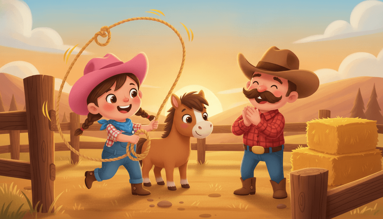 A happy little cowgirl learning to lasso a wooden fence post while her gentle pony watches and a smiling helper claps nearby