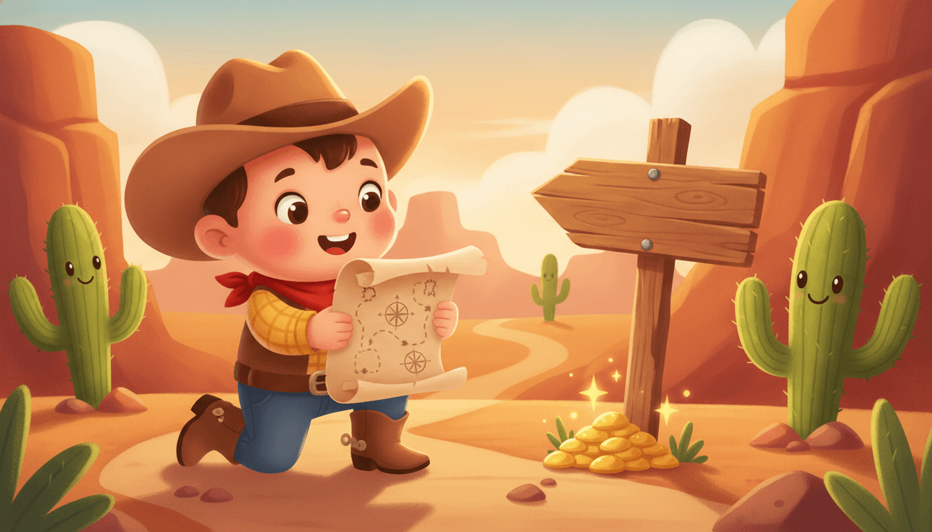 A little cowboy on a treasure trail kneeling on a canyon path holding up an old treasure map he just found near red rock mesas
