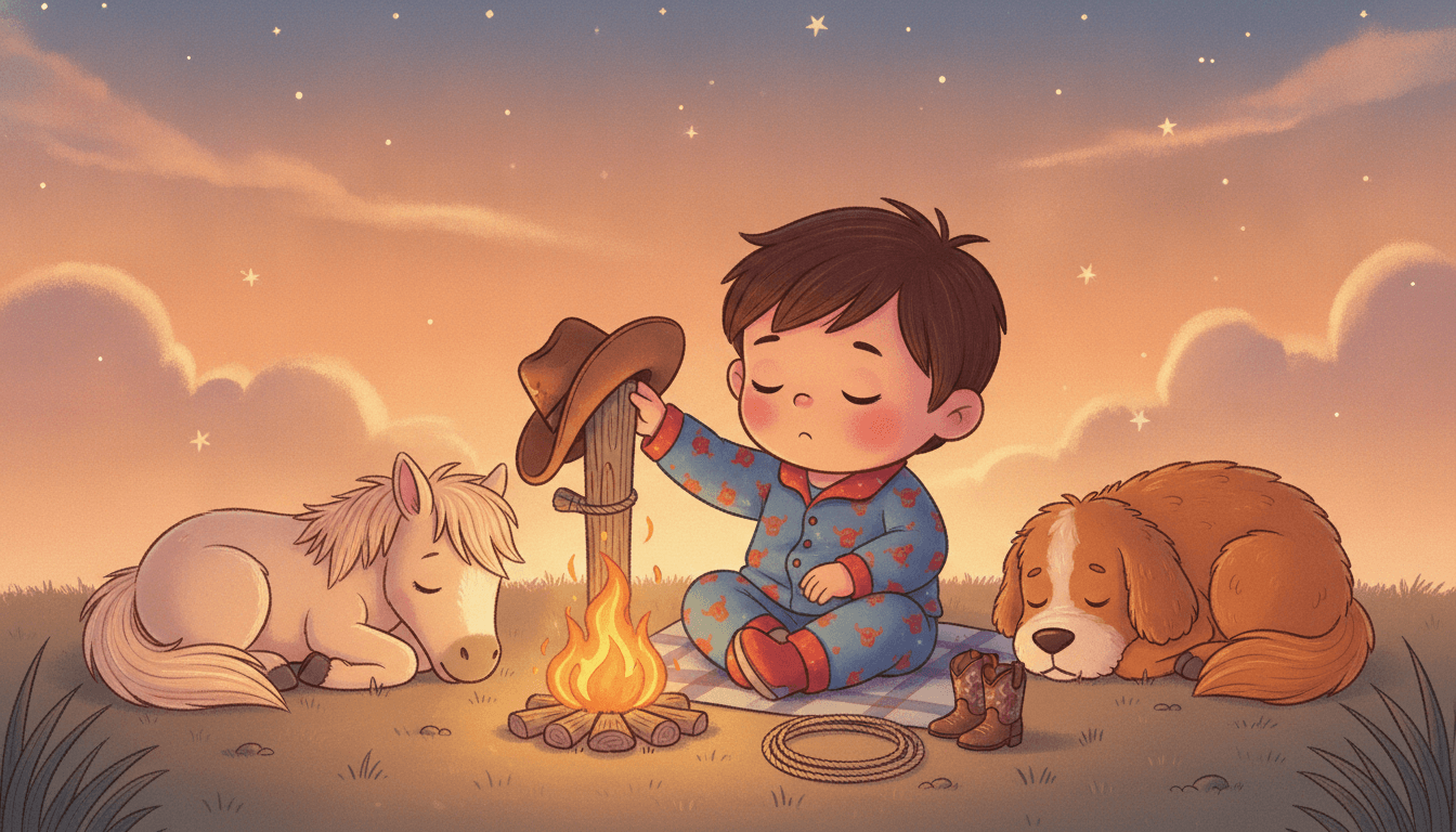 A sleepy little cowboy in pajamas at bedtime beside a campfire hanging up his hat with a coiled rope, boots, pony and dog nearby under a starry prairie sky
