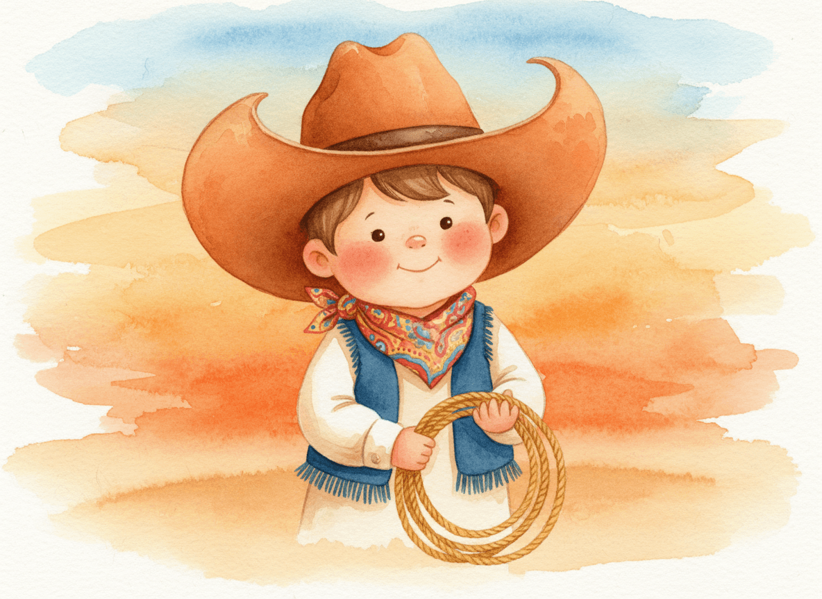 Watercolor style cowboy story illustration of a gentle little cowboy in a hat and bandana holding a coiled rope
