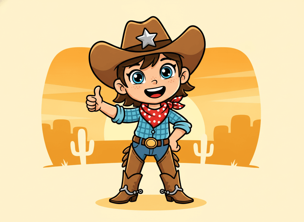 Cartoon style cowboy story illustration of a happy little cowgirl in a hat and bandana giving a thumbs-up in a playful pose