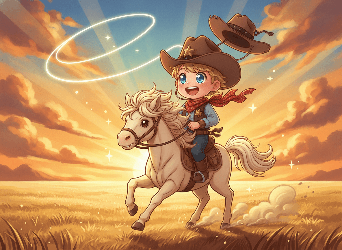 Anime style cowboy story illustration of an enthusiastic little cowboy riding a pony with a soft lasso and a glowing sunset behind