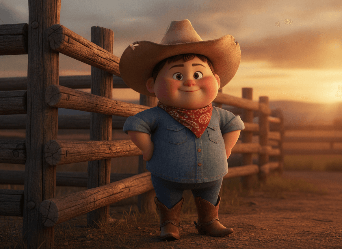 Cinematic 3D style cowboy story illustration of an adorable little cowboy standing by a wooden corral fence at golden hour