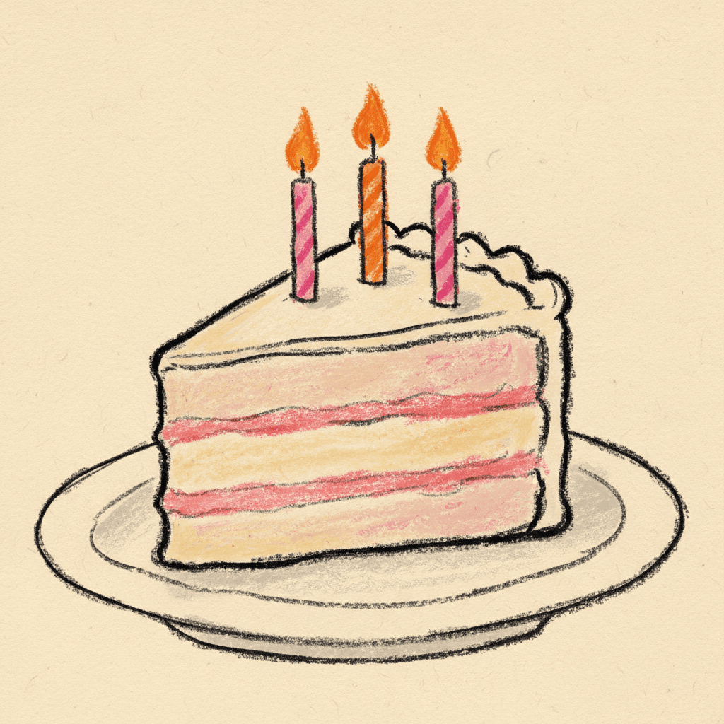 Square crayon illustration of a slice of birthday cake with three candles, thick waxy pink and orange strokes with a rough black outline