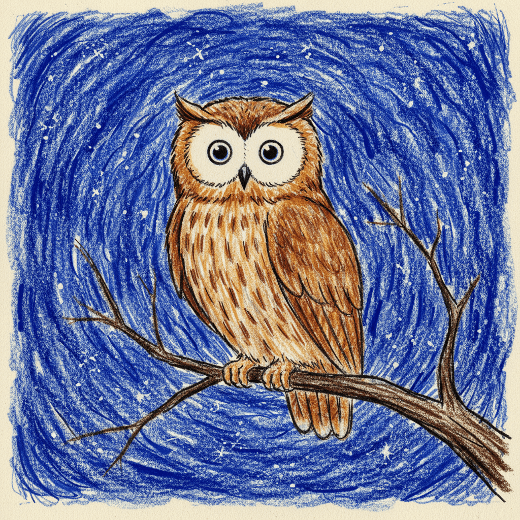 Square crayon illustration of an owl on a bare branch against a night sky scribbled in deep blue crayon, stars left as gaps of bare paper