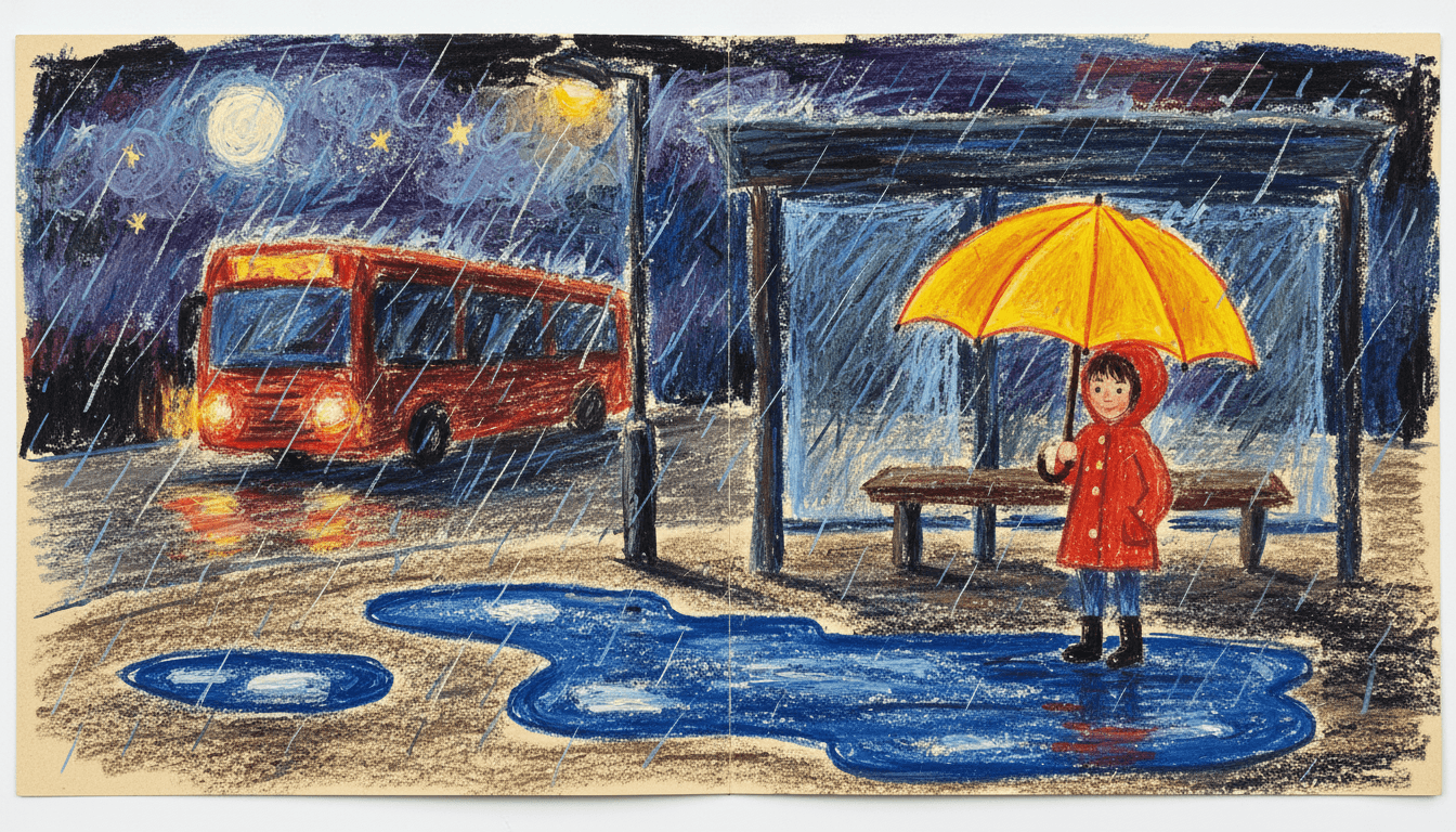 Crayon picture book spread of a rainy bus stop at night with one child under a yellow umbrella, puddles drawn as flat waxy blue shapes