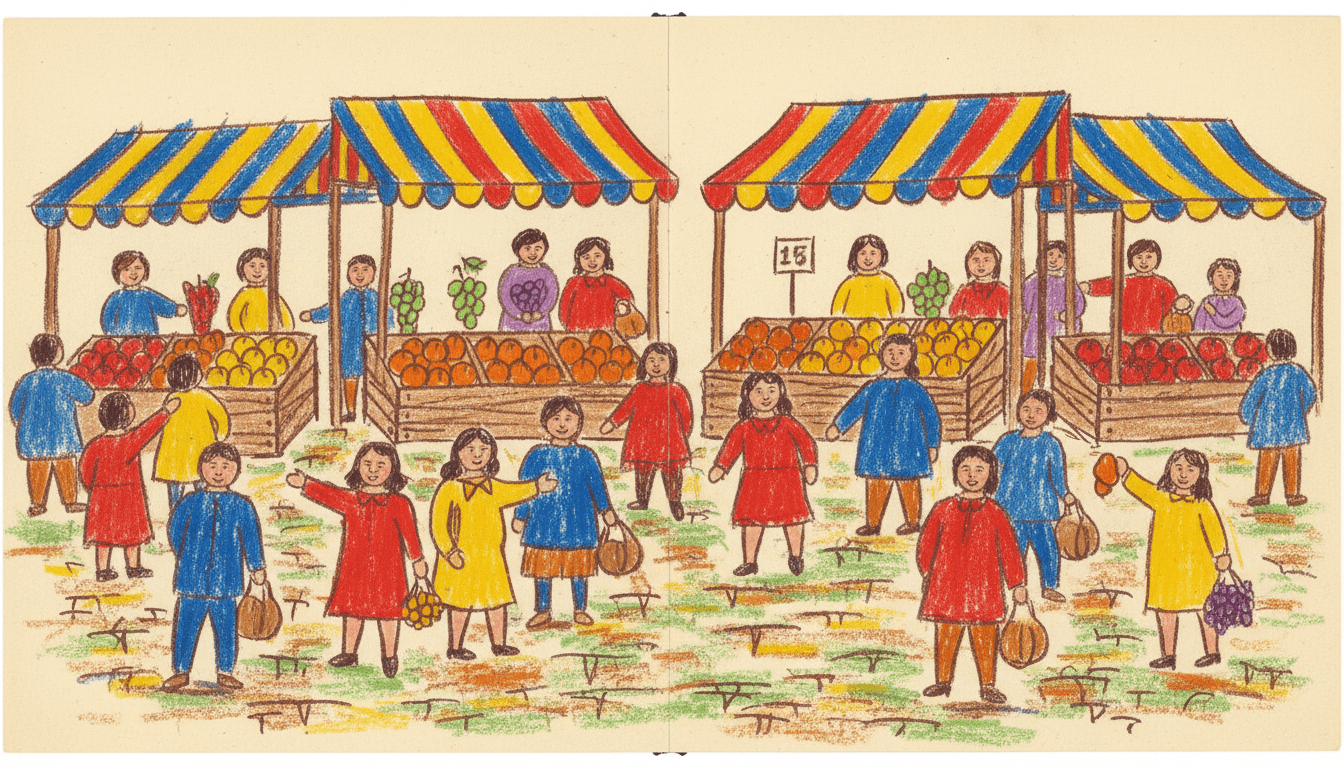 Crayon style picture book illustration of a busy village market, showing staged composition under deliberately rough wax crayon marks