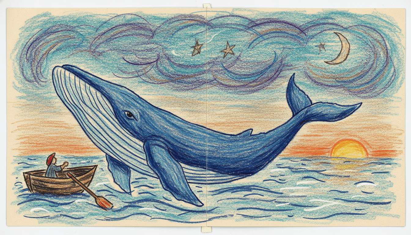 Crayon drawing of a whale rising beside a small wooden rowing boat under a huge sky, long sweeping blue crayon strokes leaving bands of bare paper