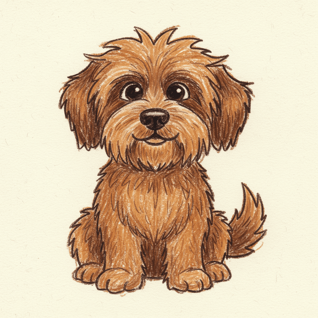 Square crayon illustration of a shaggy brown dog sitting facing the viewer, scribbled crayon fill with a rough dark outline drawn over it