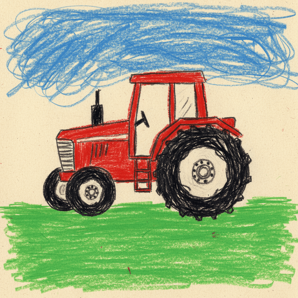 Square crayon illustration of a red tractor in a green field with flat waxy crayon fill and heavy black crayon outlines