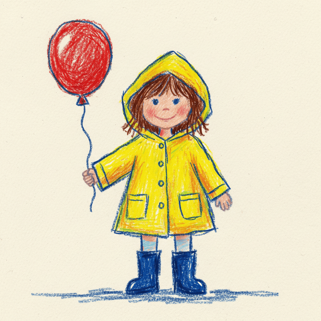 Square crayon illustration of a girl in a yellow raincoat holding a red balloon, drawn with loose childlike proportions in layered wax crayon