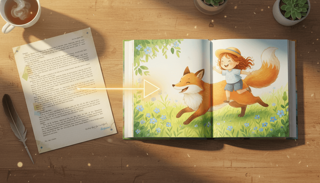 A typed manuscript page next to a finished children's picture book on a writer's desk, with a glowing light arrow connecting text to illustration