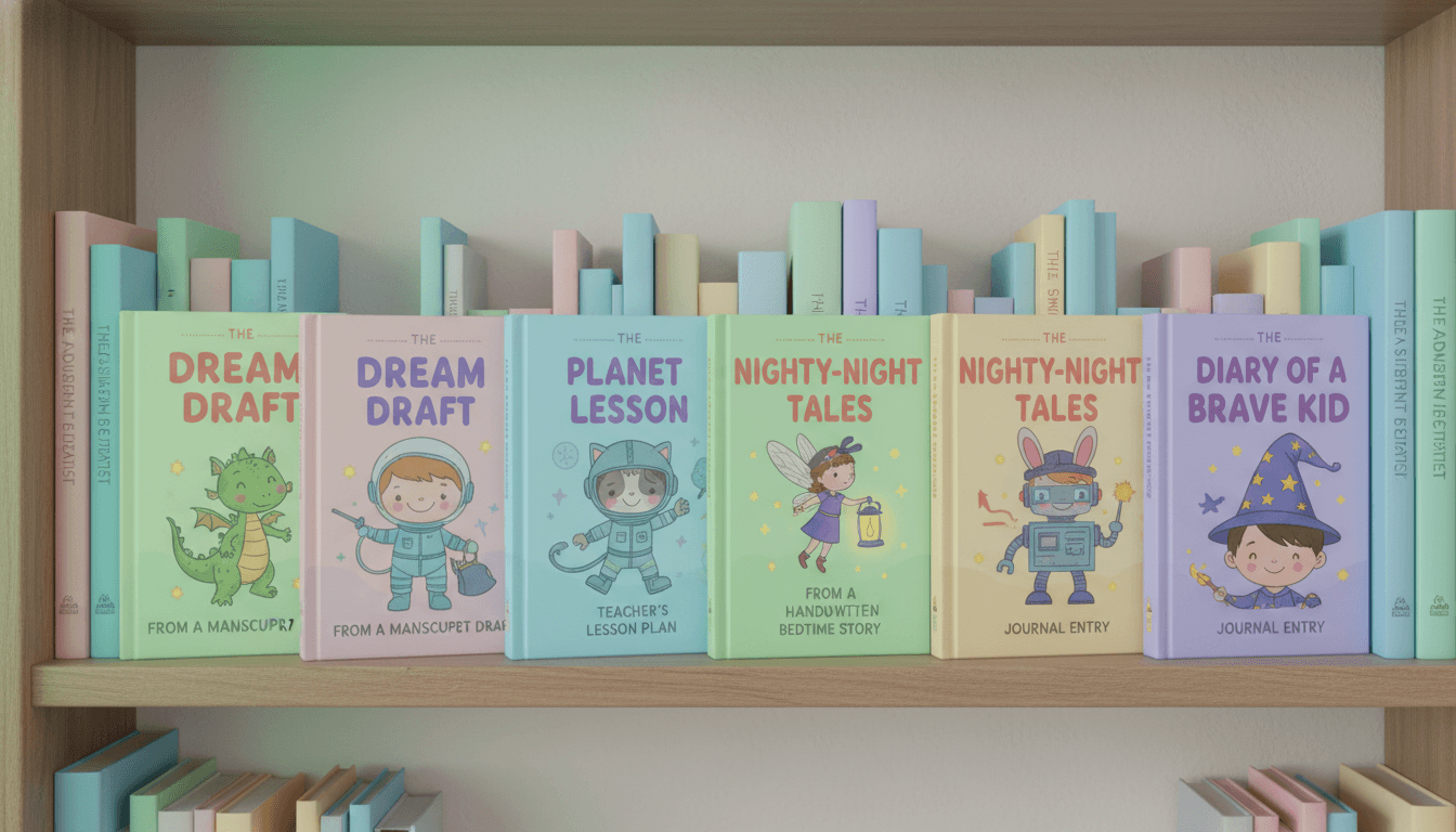 A bookshelf of finished children's picture books, each created from a different source text — manuscript, lesson plan, bedtime story, journal entry