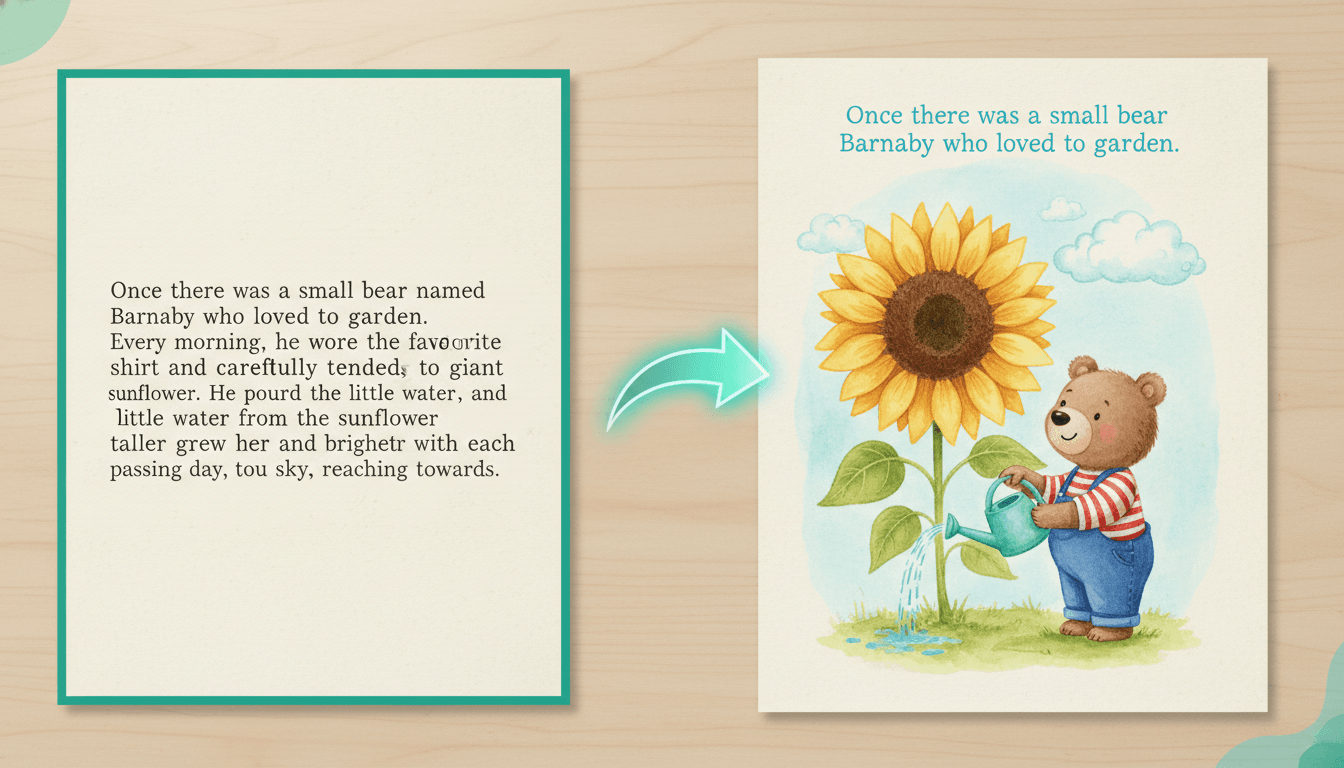 A side-by-side: plain typed paragraph on the left turning into a children's picture-book page of a small bear watering a sunflower on the right