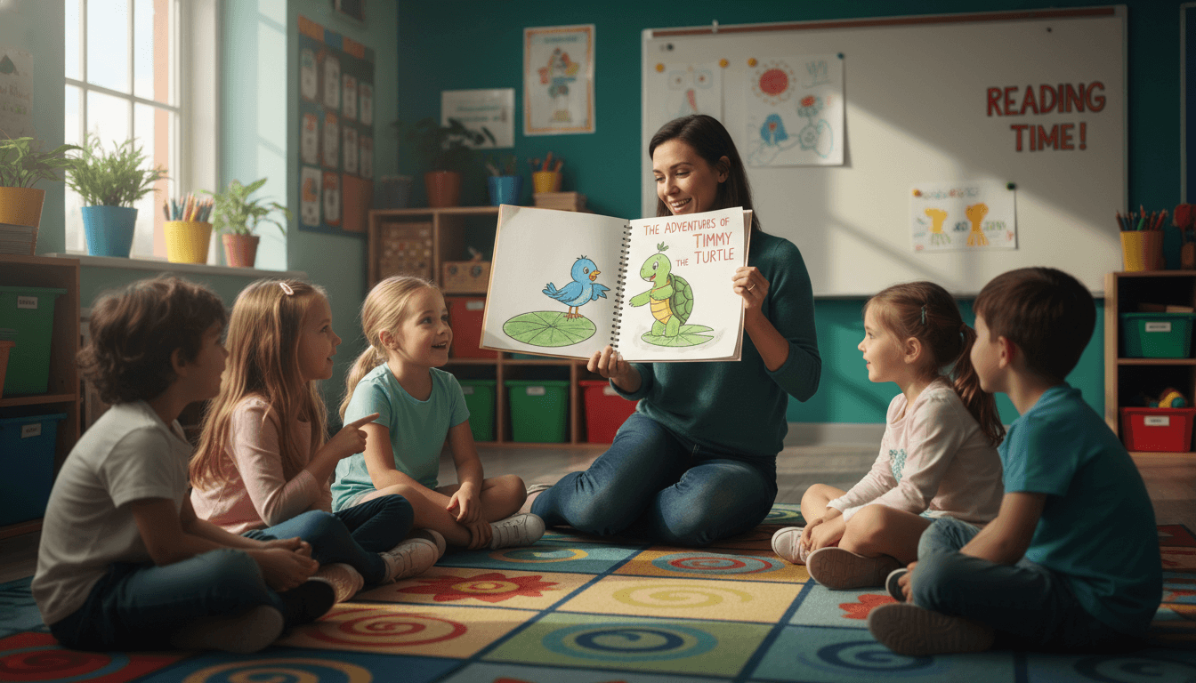 A teacher reading a freshly created classroom children's picture book to a circle of attentive 6-7 year old students sitting on a colorful rug