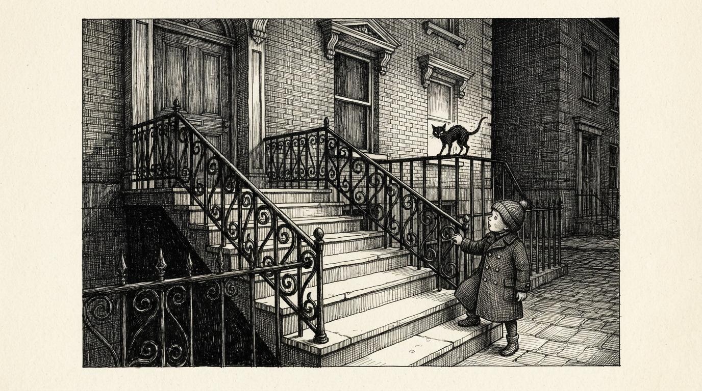 Crosshatch illustration of a child in a buttoned coat at the foot of a tall Victorian townhouse stair at night, the shadow side of the building and the ornate iron railings built from layers of crossed pen strokes with the lamplit stone treads left as bare white paper