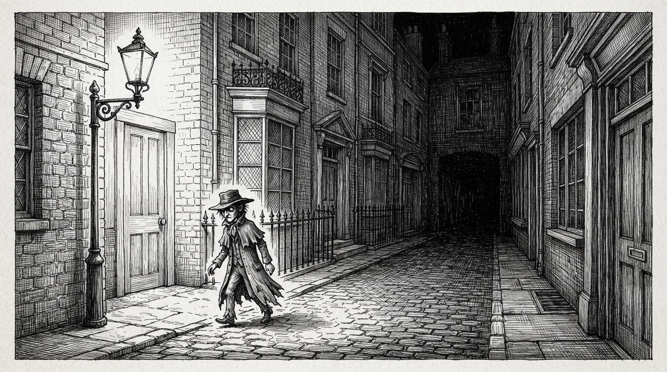 A crosshatched Victorian street showing three tiers of hatch density in one frame — bare white paper under the lamp, single-direction hatching in the middle distance, and four crossed layers in the alley mouth