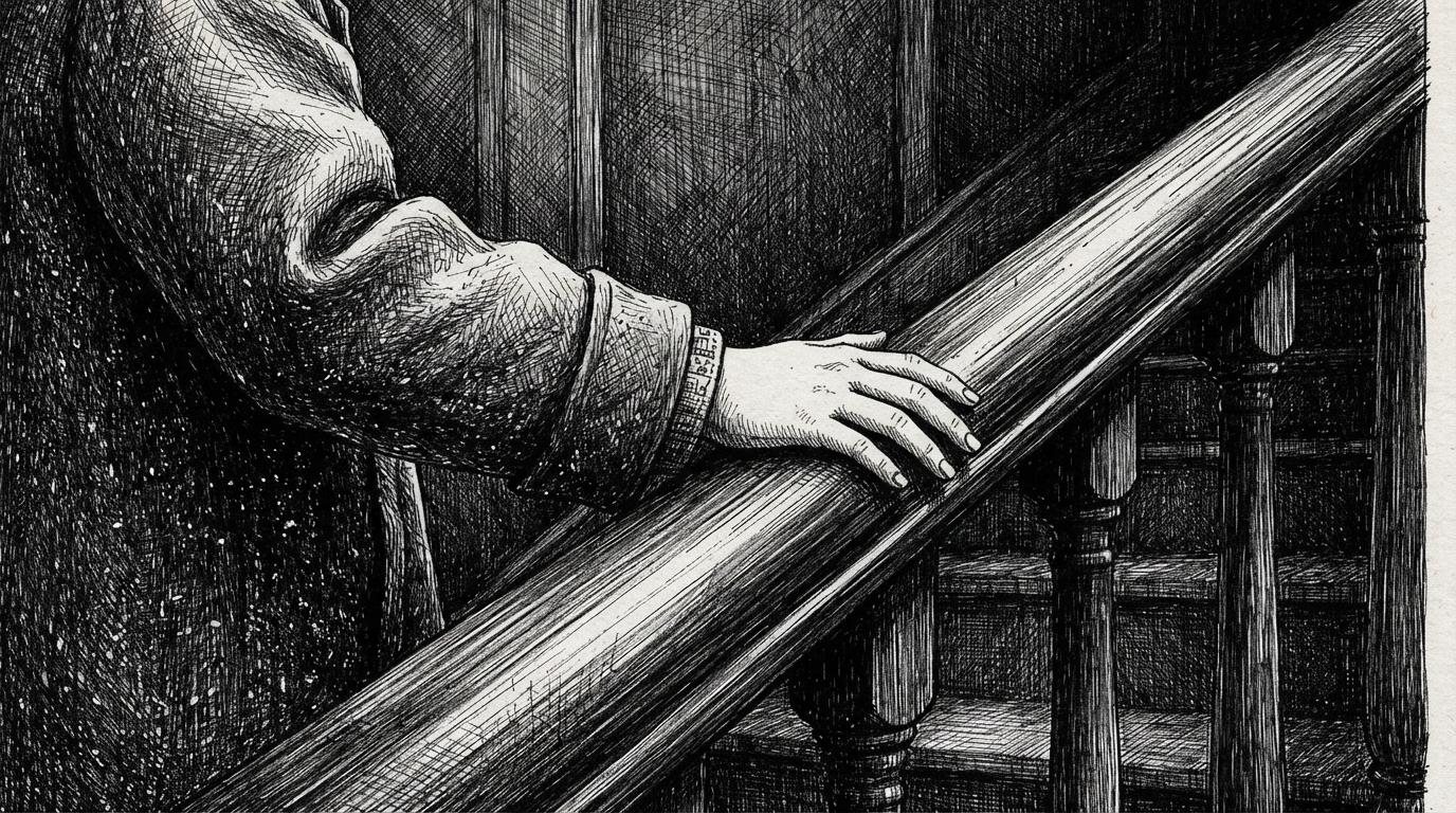 An enlarged crosshatch ink detail of a sleeve and a hand on a banister rail, close enough to show that the shadow is separate crossed strokes with white paper between them and contains no grey tone at all
