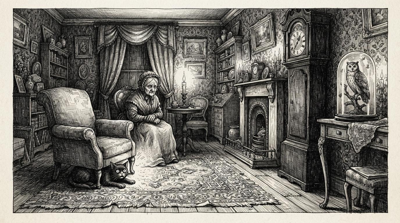 Crosshatch illustration of a crowded Victorian parlour lit by one candle, with patterned wallpaper, a case clock and a glass dome, deep hatched blackness banked into every corner and bare white paper only where the candlelight lands