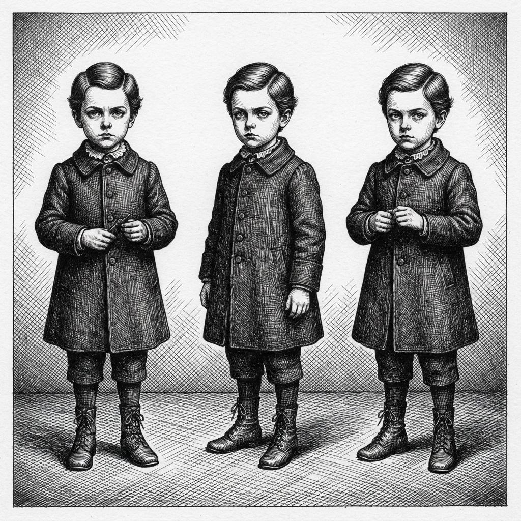 Square crosshatch character model sheet showing the same quirky Victorian child in three consistent poses with identical coat, boots and parted hair, each figure modelled in dense crossed ink hatching with a hatched cast shadow beneath