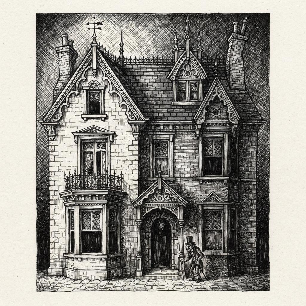 Square crosshatch illustration of a tall narrow Victorian house with ornate gables and a crooked chimney, its slates, brickwork and window recesses built from layered crossed ink strokes, the sunlit face left as bare paper