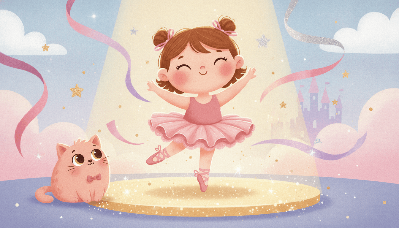 A happy little ballerina in a fluffy pink tutu twirling on tiptoe on a sparkling spotlit stage with floating ribbons in an AI-generated dance story