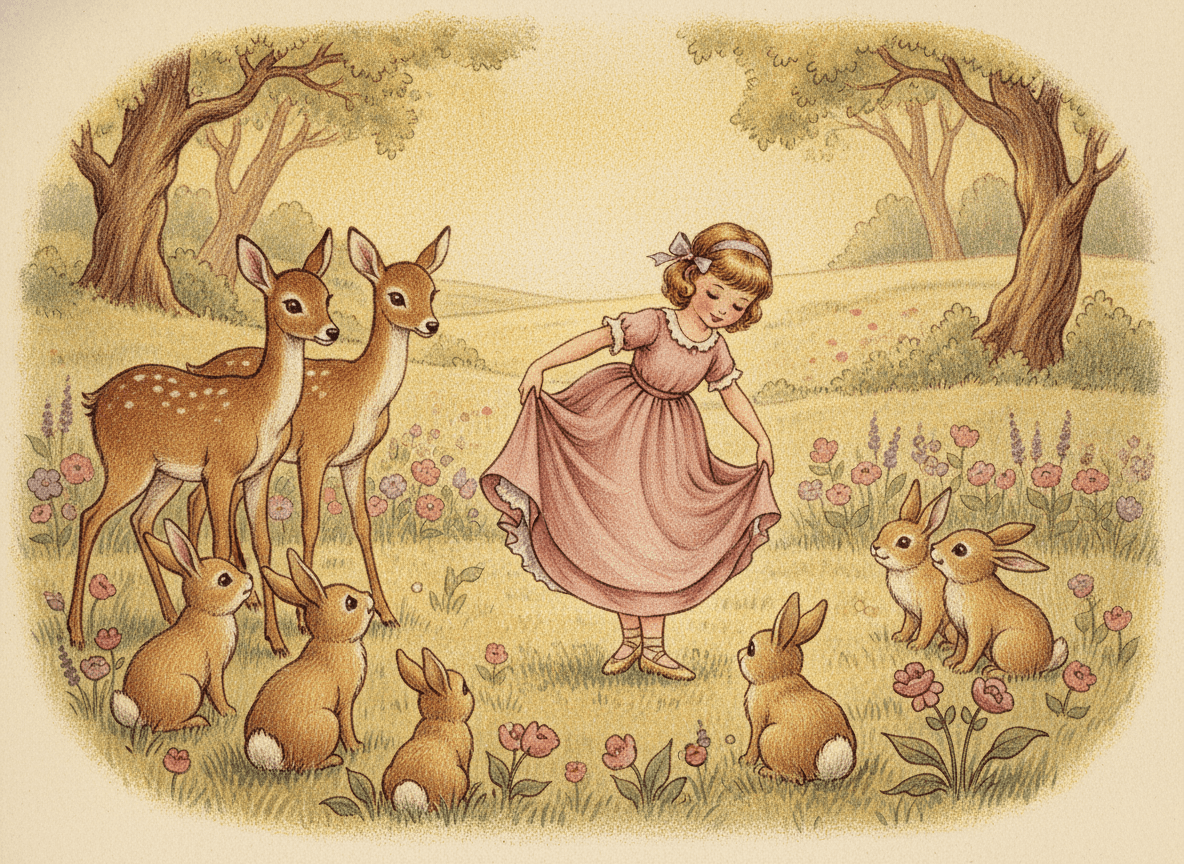 Classic storybook style illustration of a sweet dancer curtsying in a meadow while friendly deer and rabbits watch