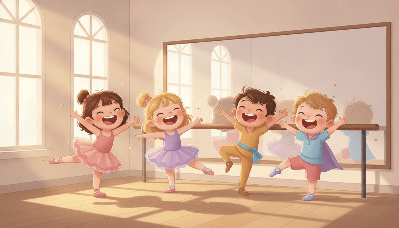 A group of happy little friends practicing together at a ballet barre in front of a big mirror in a bright dance class