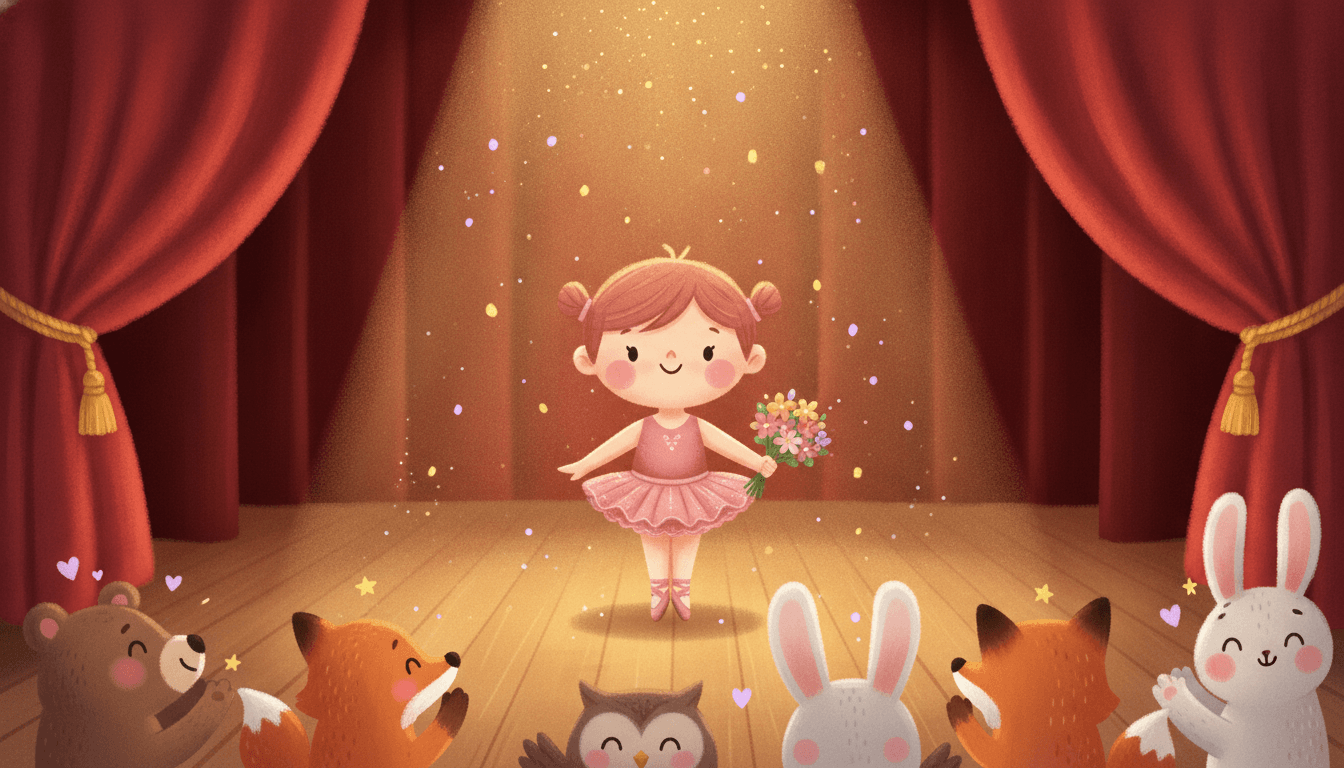 A proud little ballerina taking a graceful bow on a big recital stage holding a bouquet while friendly animals clap