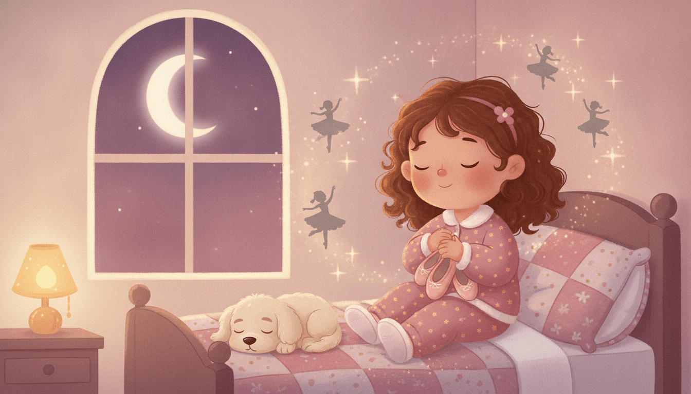 A sweet little dancer in pajamas hugging her ballet slippers in bed and dreaming of dancing as soft sparkles drift around the room