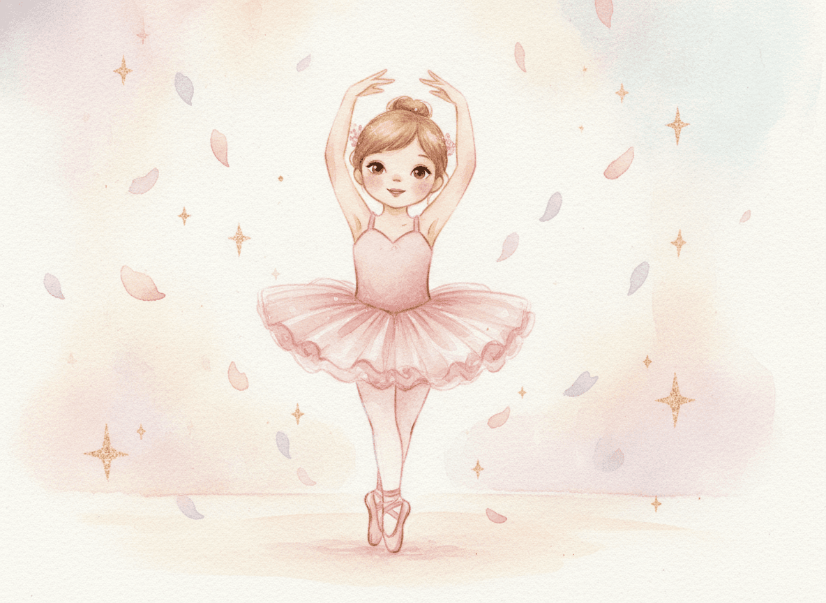 Watercolor style dance story illustration of a gentle ballerina in a pink tutu posing on tiptoe with petals floating